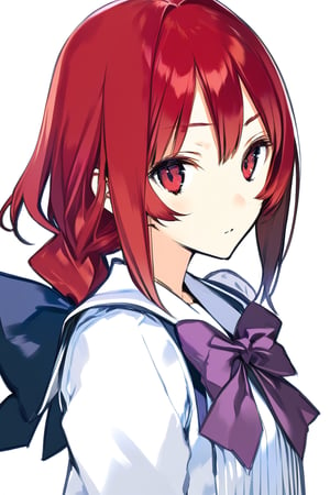high-definition,masterpiece,best quality,1girl,looking at viewer,Highly detailed, High Quality,kagami_sumika, Hakuryou uniform, long hair, bow, red hair, ponytail, antenna hair, hair intakes, red eyes, purple bow, yellow bow, bowtie,aesthetic