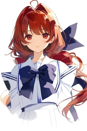 high-definition,masterpiece,best quality,1girl,looking at viewer,Highly detailed, High Quality,kagami_sumika, Hakuryou uniform, long hair, bow, red hair, ponytail, antenna hair, hair intakes, red eyes, purple bow, yellow bow, bowtie,watercolor \(medium\)