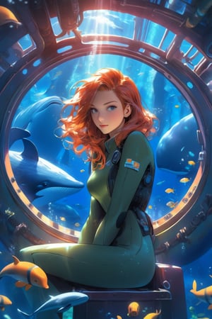 anime artwork, Woman, ginger hair, sitting beside a large port hole, inside a submarine, underwater scene, whales, anime style, key visual, vibrant, studio anime, highly detailed