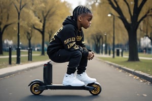 create an African American. boy with plaits  wearing a black hoodie with gold written saying ghetto hustler   wearing black jeans with black and white Jordan ones on electric scooter In a park 