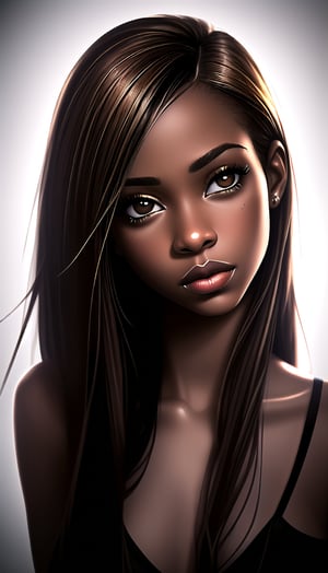realistic photography headshot of african american hazel brown eyes , plumped lips , long back straight hair 

