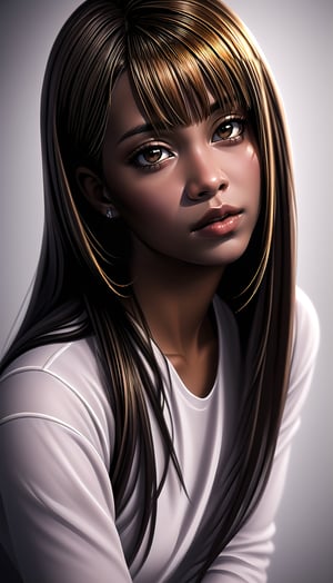 realistic photography headshot of african american hazel brown eyes , plumped lips , long back straight hair 

