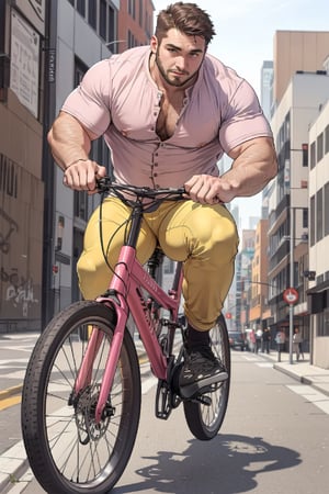 photo of a chubby muscular man riding a bike
down the street, wearing a pink shirt and yellow pants