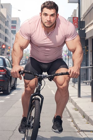 photo of a chubby muscular man riding a bike
down the street, wearing a pink shirt and yellow pants, slim face