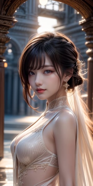 1 girl, very bright backlighting, solo, {beautiful and detailed eyes}, large breasts, dazzling moonlight, calm expression, natural and soft light, hair blown by the breeze, delicate facial features, Blunt bangs, beautiful korean girl, eye smile, very small earrings,(,23yo, film grain, realhands,shy smile,Realism, looking towards me, body towards me, fantasy landscape, fantasy background, friendly setting, 