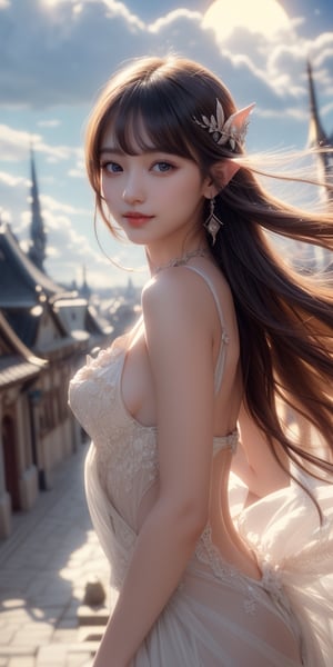 1 girl, very bright backlighting, solo, {beautiful and detailed eyes}, medium breasts, dazzling moonlight, calm expression, natural and soft light, hair blown by the breeze, delicate facial features, Blunt bangs, beautiful korean girl, eye smile, very small earrings,(,23yo, film grain, realhands,shy smile,Realism, looking towards me, body towards me, fantasy landscape, fantasy background, friendly setting, in a city on clouds, with  elegant buildings in the coulds, elven like buildings, fantays city in the clouds, living in the clouds