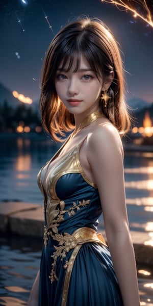 1 girl, very bright backlighting, solo, {beautiful and detailed eyes}, dazzling moonlight, calm expression, natural and soft light, hair blown by the breeze, delicate facial features, Blunt bangs, beautiful korean girl,  medium breast, medium boobs, eye smile, very small earrings,(,23yo, film grain, realhands,shy smile,Realism, looking towards me, body towards me, fantasy landscape, fantasy background, friendly setting, red and blue dress with gold oranments, lake, mountains dark night sky, stars, fireflies