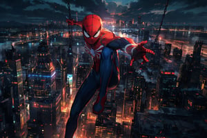 Against the backdrop of a city skyline painted with the warm hues of early night ,Spider-Man delivering a powerful kick while swinging through the city. His vibrant red and blue costume contrasts with the urban landscape, and the iconic white eyes of his mask reflect the fading daylight. The wind tousles his sleek, web-patterned suit as he stands ready for action. With the city sprawled out beneath him, Spider-Man's presence on the building top is a silent promise of protection and vigilance