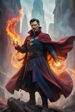 Doctor Strange stands in the ruins of a city, his cloak billowing in the wind. He is surrounded by smoke and flames, and the sound of battle echoes in the air. He raises his hands, and a wave of magical energy sweeps across the battlefield, destroying his enemies. The final image is rendered in a dynamic and exciting style, with a vibrant color palette and fast-paced action.

