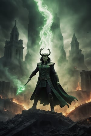 Loki stands in the ruins of a city, his magic swirling around him. He is surrounded by smoke and flames, and the sound of battle echoes in the air. He raises his hands, and a wave of green magic sweeps across the battlefield, destroying his enemies. The final image is rendered in a dark and mysterious style, with a limited color palette and heavy use of shadows.

