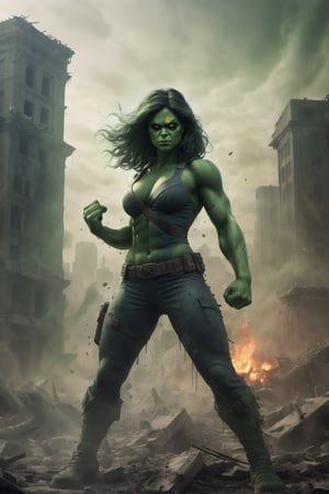 She-Hulk stands in the ruins of a city, her green skin covered in the dust of battle. She is surrounded by smoke and flames, and the sound of battle echoes in the air. She raises her hands, and a wave of green energy sweeps across the battlefield, destroying her enemies. The final image is rendered in a dark and realistic style, with a limited color palette and heavy use of shadows.

