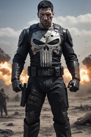 The Punisher stands on a vast battlefield, surrounded by starships and laser fire. He is wearing a detailed Star Wars-inspired costume, his eyes filled with determination, and his skull-emblazoned armor covered in battle damage. He raises his hands, and a wave of gunfire sweeps across the battlefield, destroying his enemies. The final image is rendered in a hyperrealistic style with a dark and gritty color palette, capturing the epic scale of the battle and the ruthless efficiency of the Punisher.

