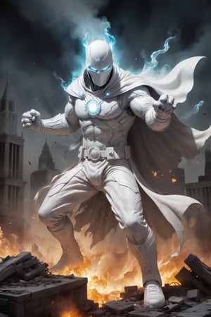 Moon Knight stands in the ruins of a city, his fists glowing with white energy. He is surrounded by smoke and flames, and the sound of battle echoes in the air. He raises his hands, and a wave of white energy sweeps across the battlefield, destroying his enemies. The final image is rendered in a dynamic and exciting style, with a vibrant color palette and fast-paced action.

