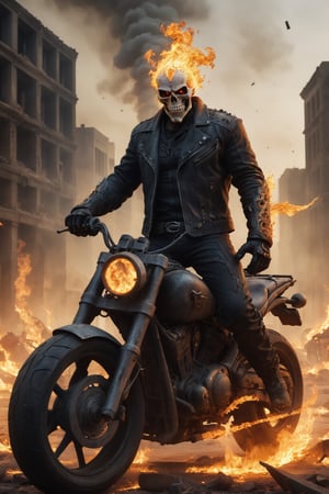 Ghost Rider stands in the ruins of a city, his motorcycle surrounded by smoke and flames. He is surrounded by the sound of battle, and the air is filled with the smell of brimstone. He raises his hands, and a wave of hellfire sweeps across the battlefield, destroying his enemies. The final image is rendered in a dark and realistic style, with a limited color palette and heavy use of shadows.

