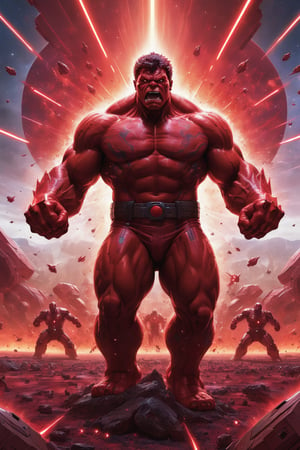 Red Hulk stands on a vast battlefield, surrounded by starships and laser fire. He is wearing a detailed Star Wars-inspired costume, his eyes glowing with power, and his red skin radiating with energy. He raises his hands, and a wave of red energy sweeps across the battlefield, destroying his enemies. The final image is rendered in a hyperrealistic style with a vibrant color palette, capturing the epic scale of the battle and the power of Red Hulk.

