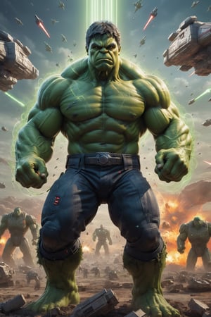 The Hulk stands on a vast battlefield, surrounded by starships and laser fire. He is wearing a detailed Star Wars-inspired costume, his eyes glowing with power, and his muscles bulging with strength. He raises his hands, and a wave of green energy sweeps across the battlefield, destroying his enemies. The final image is rendered in a hyperrealistic style with a vibrant color palette, capturing the epic scale of the battle and the power of the Hulk.

