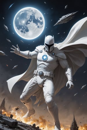 Moon Knight hovers above a vast battlefield, surrounded by starships and laser fire. He is wearing a detailed Star Wars-inspired costume, his eyes glowing with power, and his crescent moon-shaped cape billowing in the wind. He raises his hands, and a wave of white energy sweeps across the battlefield, destroying his enemies. The final image is rendered in a hyperrealistic style with a vibrant color palette, capturing the epic scale of the battle and the power of Moon Knight.

