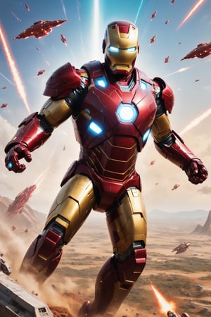 Iron Man flies above a vast battlefield, surrounded by starships and laser fire. He is wearing a detailed Star Wars-inspired armor, his eyes glowing with power, and his repulsor rays blasting through the air. He raises his hands, and a wave of repulsor energy sweeps across the battlefield, destroying his enemies. The final image is rendered in a hyperrealistic style with a vibrant color palette, capturing the epic scale of the battle and the power of Iron Man.

