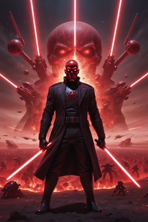 Red Skull stands on a vast battlefield, surrounded by starships and laser fire. He is wearing a detailed Star Wars-inspired uniform, his eyes filled with hatred, and his red skull glowing with power. He raises his hands, and a wave of red energy sweeps across the battlefield, destroying his enemies. The final image is rendered in a hyperrealistic style with a dark and sinister color palette, capturing the epic scale of the battle and the evil power of Red Skull.

