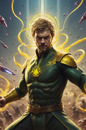 Iron Fist hovers above a vast battlefield, surrounded by starships and laser fire. He is wearing a detailed Star Wars-inspired costume, his eyes glowing with power, and his chi energy swirling around him. He raises his hands, and a wave of chi energy sweeps across the battlefield, destroying his enemies. The final image is rendered in a hyperrealistic style with a vibrant color palette, capturing the epic scale of the battle and the power of Iron Fist.

