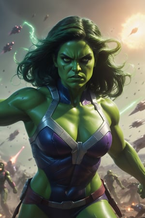 She-Hulk stands on a vast battlefield, surrounded by starships and laser fire. She is wearing a detailed Star Wars-inspired costume, her eyes glowing with power, and her green skin glistening with sweat. She raises her hands, and a wave of green energy sweeps across the battlefield, destroying her enemies. The final image is rendered in a hyperrealistic style with a vibrant color palette, capturing the epic scale of the battle and the power of She-Hulk.

