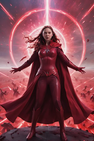 Scarlet Witch stands on a vast battlefield, surrounded by starships and laser fire. She is wearing a detailed Star Wars-inspired costume, her eyes glowing with power, and her red magic swirling around her. She raises her hands, and a wave of red energy sweeps across the battlefield, destroying her enemies. The final image is rendered in a hyperrealistic style with a vibrant color palette, capturing the epic scale of the battle and the power of Scarlet Witch.

