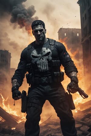 The Punisher stands in the ruins of a city, his guns blazing. He is surrounded by smoke and flames, and the sound of battle echoes in the air. He raises his hands, and a wave of gunfire sweeps across the battlefield, destroying his enemies. The final image is rendered in a dark and realistic style, with a limited color palette and heavy use of shadows.

