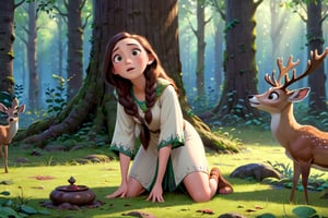 A female Druid kneels down to bless a dead deer in a forest grove
. disney pixar movies, high_resolution, disney, 8k