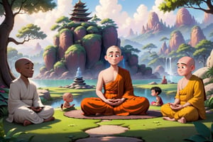   a monk n and his disciples sitting peacefully in a serene setting, with Buddha in the center and disciples surrounding him, all deep in meditation, landscape,disney pixar style