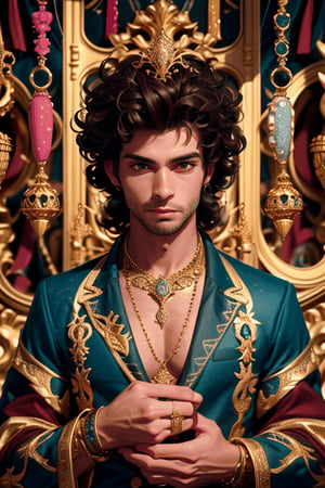  a wealthy young curly hair man surrounded by an assortment of fine jewelry and gold ornaments. high res, high detailed, 8k, high_resolution, high