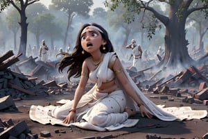 "A grim battlefield scene with the fallen bodies of indian warrior Duryodhana and his brothers lying among the debris and ashes of war. In the foreground, their mother Gandhari, draped in a white sari and blindfolded, stands in sorrow, her hands outstretched in despair. The background is dark and filled with smoke, capturing the devastation of the war." 8k disney pixar movie, high_resolution, high detailed, high-quality 3D rendered images, and attention to detail.