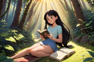 A Ghibli-esque scene: a young woman in her late teens with long black hair joyfully reading a book in a sunlit corner of a room in the forest, with morning sunlight streaming through, disney pixar movies, high_resolution, disney, 8k