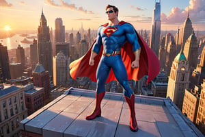 A superhero men figure standing triumphantly on a rooftop at sunset: The character, exuding strength and confidence, stands tall on the edge of a skyscraper. The vibrant sunset behind them casts a golden glow, highlighting their powerful stance and the city's expanse below, symbolizing their dominion and self-assuredness. 8k disney pixar movie, high_resolution, high detailed, high-quality 3D rendered images, and attention to detail.