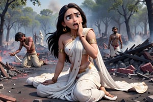 "A grim battlefield scene with the fallen bodies of indian warrior Duryodhana and his brothers lying among the debris and ashes of war. In the foreground, their mother Gandhari, draped in a white sari and and cryning , stands in sorrow, her hands outstretched in despair. The background is dark and filled with smoke, capturing the devastation of the war." 8k disney pixar movie, high_resolution, high detailed, high-quality 3D rendered images, and attention to detail. 8k disney pixar movie, high_resolution, high detailed, high-quality 3D rendered images, and attention to detail.