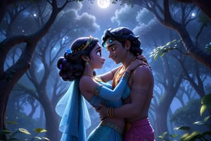 Radha and Krishna locked in a tender embrace, surrounded by the soft glow of moonlight filtering through a canopy of trees. Let their love radiate through the image, capturing the essence of their eternal bond. disney, pixar movies, high_resolution, disney, 8k,