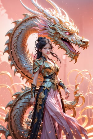 masterpiece, top quality, best quality, official art, beautiful and aesthetic), (1girl), chinese dragon, eastern dragon, golden line, (pink theme:1.4), volumetric lighting, ultra-high quality, photorealistic, sky background, daggers, 