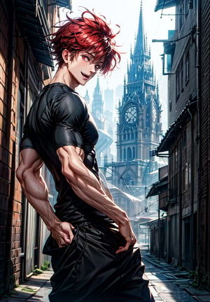 1 boy, edge light, powerful sorcerer, tight black t-shirt, loose black pants, bright red eyes, red hair, happy, city background, mix of fantasy and realism, special effects, fantasy, ultra HD, HDR, 4K,