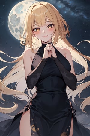 (masterpiece, best quality, ultra detail, beautiful face, nice hands, perfect hands,  1girl, solo, light_smile, cowboy_shot, ), 

gold hair, gold eyes, long dress, black dress, (dress with a night sky print), night, long hair, goddness, bare shoulders, blunt bangs, milf , upper body , 
