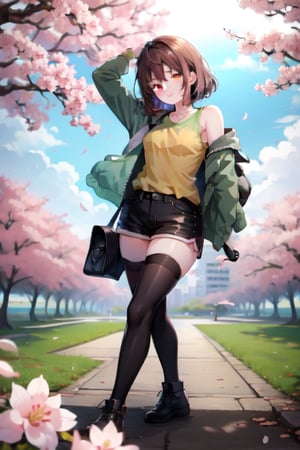 Chara, red_eyes ,green open jacket, black_thighhighs, brown_hair, in a park, cherry blossoms in the background, small breasts,milf,, yellow t-shirt