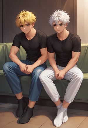 score_9, score_8_up, score_7_up, masterpiece, best quality, 2boys BREAK
1boy, yellow hair, black ankle socks, blue_jeans BREAK
1boy, white hair, white socks, white pants BREAK
sitting together