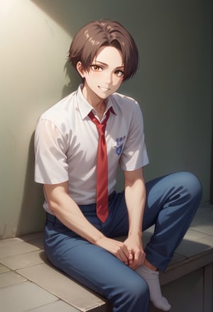 score_9, score_8_up, score_7_up,ryuuji taiga, 1boy, (socks), blue pants, brown hair, earrings, grin, jewelry, looking at viewer,  male focus, necktie, orange eyes, pants, pants rolled up, red necktie, shirt, short sleeves, sitting, smile, solo, white shirt,Expressiveh, brown eyes