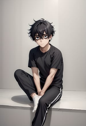 score_9, score_8_up, score_7_up, 1boy, (socks), bags under eyes, between legs, black hair, black pants, black shirt, closed mouth, expressionless, grey background, hair between eyes, hand between legs, looking at viewer, male focus, pants, shirt, short hair, short sleeves, simple background, sitting, solo, track pants, foot_up, anime screencap,fine anime screencap