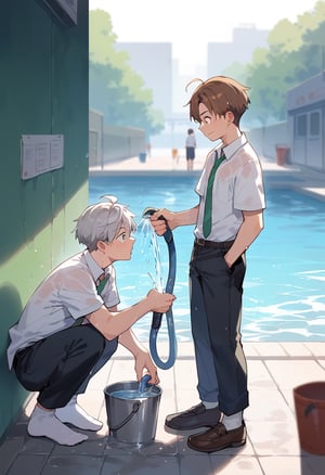 score_9, score_8_up, score_7_up, 2boys, (socks), ahoge, black pants, brown hair, bucket, collarbone, collared shirt, dated, english text, from side, green necktie, grey hair, holding, holding hose, holding ice, hose, male focus, multiple boys, necktie, no jacket, pants, print shirt, shirt, short hair, squatting, standing, water, wet, white shirt