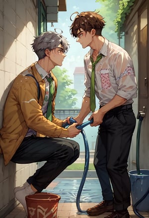 score_9, score_8_up, score_7_up, 2boys, (socks), ahoge, black pants, brown hair, bucket, collarbone, collared shirt, dated, from side, green necktie, grey hair, holding, holding hose, holding ice, hose, male focus, necktie, no jacket, pants, print shirt, shirt, short hair, squatting, standing, water, wet, white shirt,Expressiveh, anime screencap,fine anime screencap