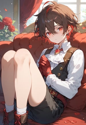 score_9, score_8_up, score_7_up, 1boy, (socks), ascot, belt, bishounen, black pants, blush, boots, brown hair, colored inner hair, couch, ear piercing, eyelashes, flower, foreshortening, gem, gloves, hair between eyes, jewelry, knees up, light particles, long sleeves, looking at viewer, male focus, multicolored hair, on couch, own hands together, pants, petals, piercing, red eyes, red flower, red gemstone, red hair, red rose, rose, rose petals, shiny clothes, short hair, slit pupils, solo, sparkle, two-tone hair, white ascot,Expressiveh