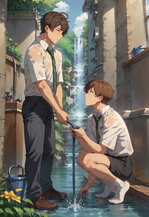 score_9, score_8_up, score_7_up, 2boys, (socks), ahoge, black pants, brown hair, bucket, collarbone, collared shirt, dated, from side, green necktie, grey hair, holding, holding hose, holding ice, hose, male focus, necktie, no jacket, pants, print shirt, shirt, short hair, squatting, standing, water, wet, white shirt,Expressiveh