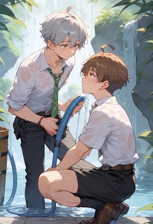 score_9, score_8_up, score_7_up, 2boys, (socks), ahoge, black pants, brown hair, bucket, collarbone, collared shirt, dated, from side, green necktie, grey hair, holding, holding hose, holding ice, hose, male focus, necktie, no jacket, pants, print shirt, shirt, short hair, squatting, standing, water, wet, white shirt,Expressiveh