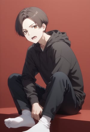 score_9, score_8_up, score_7_up, intricate details, 1boy, white socks, black footwear, black hoodie, black pants, brown eyes, brown hair, earrings, fang, hood, hoodie, jewelry, long sleeves, looking at viewer, male focus, open mouth, pants, red background, short hair, sitting, solo,Expressiveh,ryuuji taiga