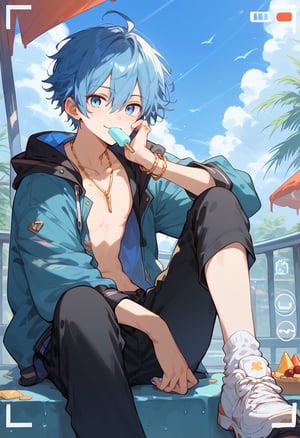 score_9, score_8_up, score_7_up, 1boy, (ankle socks), sneakers, bishounen, black pants, blue eyes, blue hair, blue nails, collarbone, food, hair between eyes, hand on own face, ice cream, ice cream cone, jacket, jewelry, knee up, looking at viewer, male focus, necklace, open clothes, open jacket, pants, popsicle, short hair, sitting, smile, solo, upper body, viewfinder,Expressiveh, (long pants)