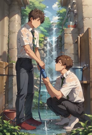 score_9, score_8_up, score_7_up, 2boys, (socks), ahoge, black pants, brown hair, bucket, collarbone, collared shirt, dated, from side, green necktie, grey hair, holding, holding hose, holding ice, hose, male focus, necktie, no jacket, pants, print shirt, shirt, short hair, squatting, standing, water, wet, white shirt,Expressiveh